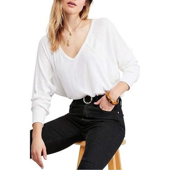 Free People Large Santa Clara Thermal Top Alabaster Ivory Waffle Knit V-Neck NWT - Picture 2 of 16